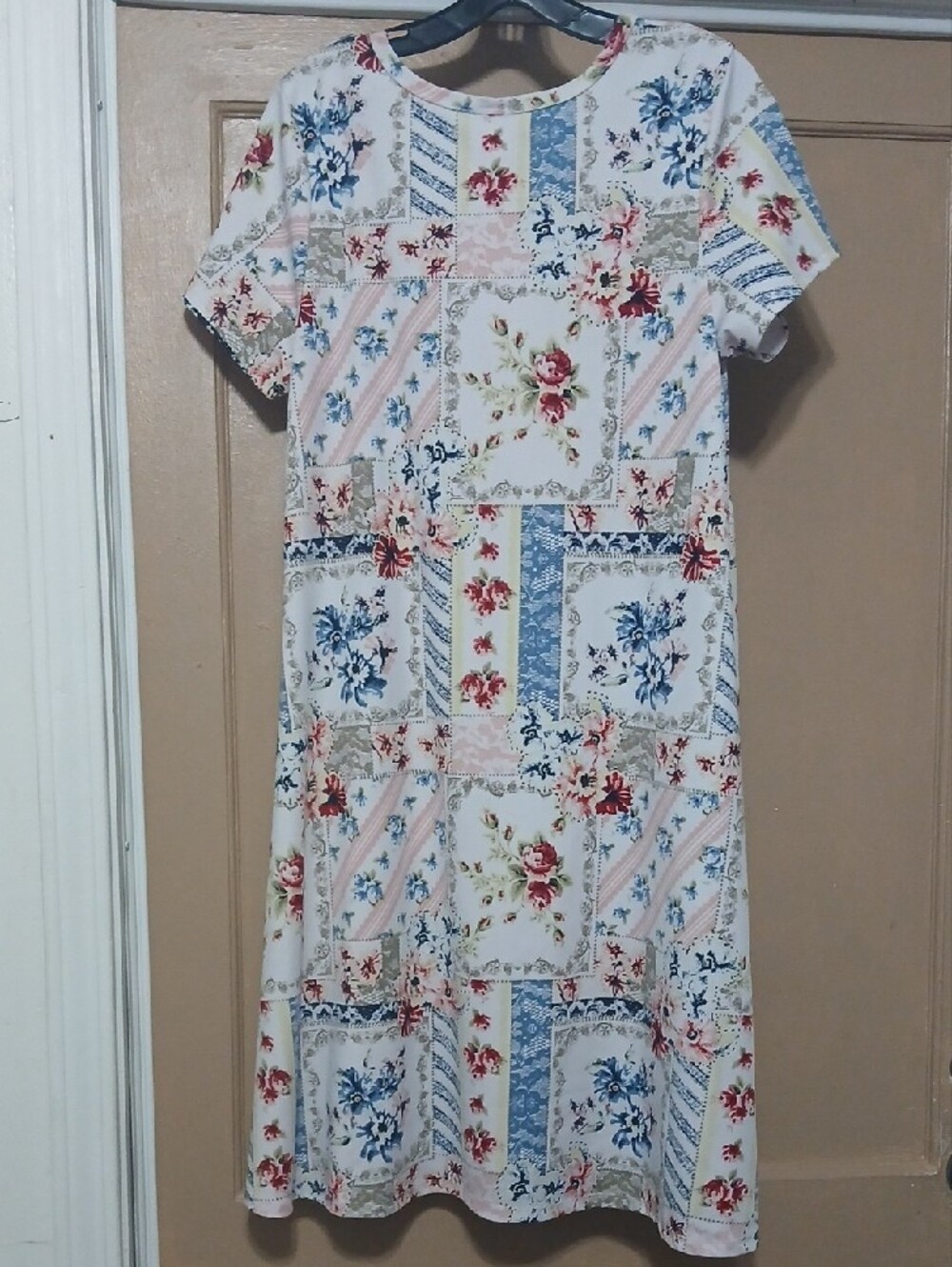 LuLaRoe Jesse Cream Floral Patchwork Midi Dress with Blue and Pink Accents - Picture 4 of 5